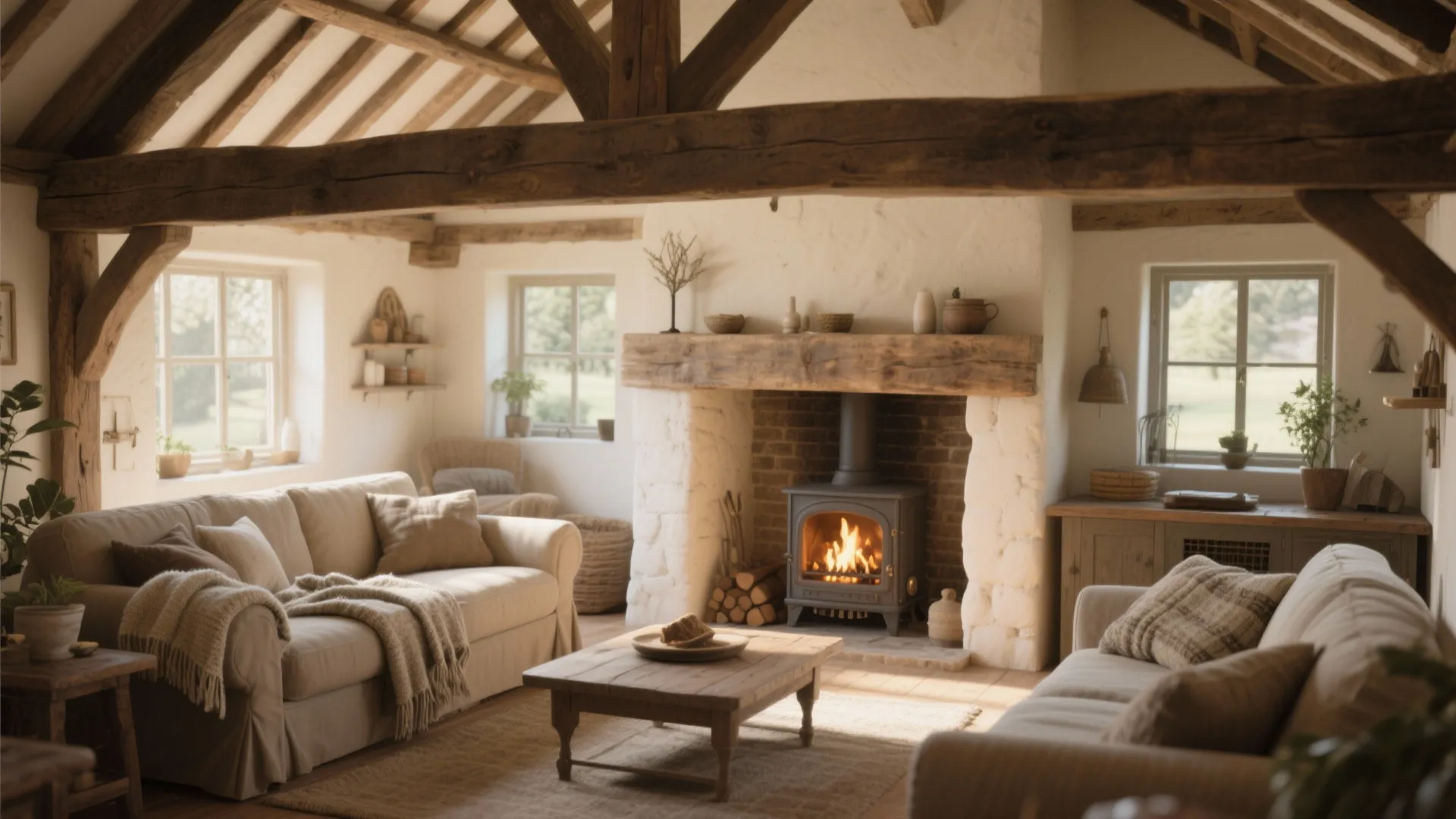Rustic farmhouse living room with exposed wood beams brick fireplace wood burner and beige sofas