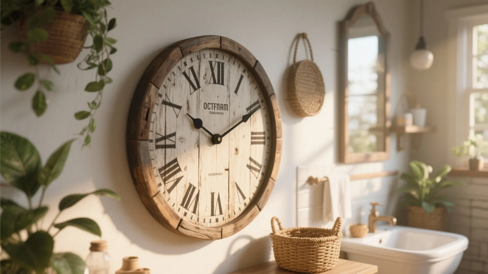Large wooden wall clock with roman numerals in bright farmhouse bathroom with plants and sink