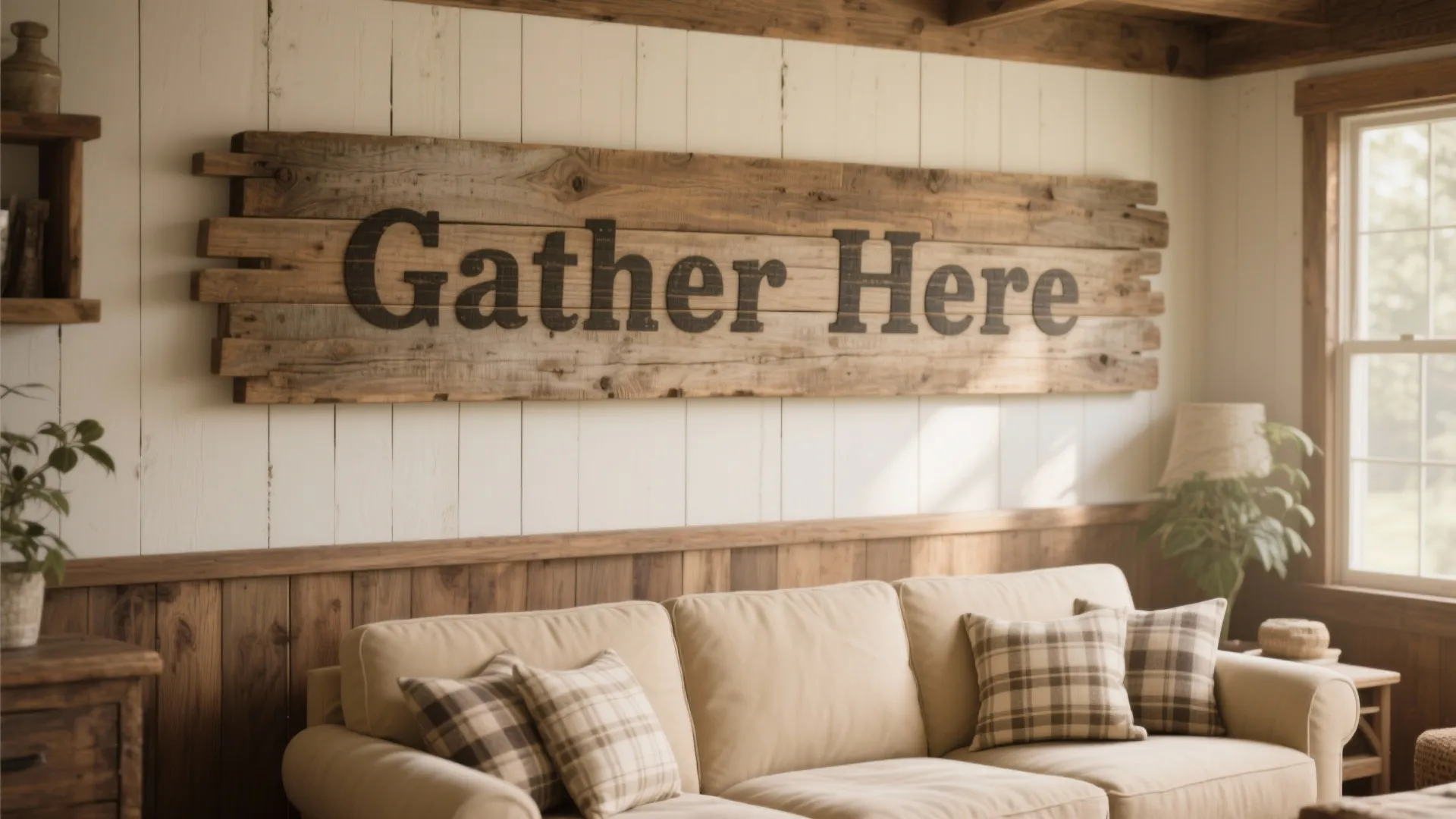 Farmhouse living room with large rustic wood sign