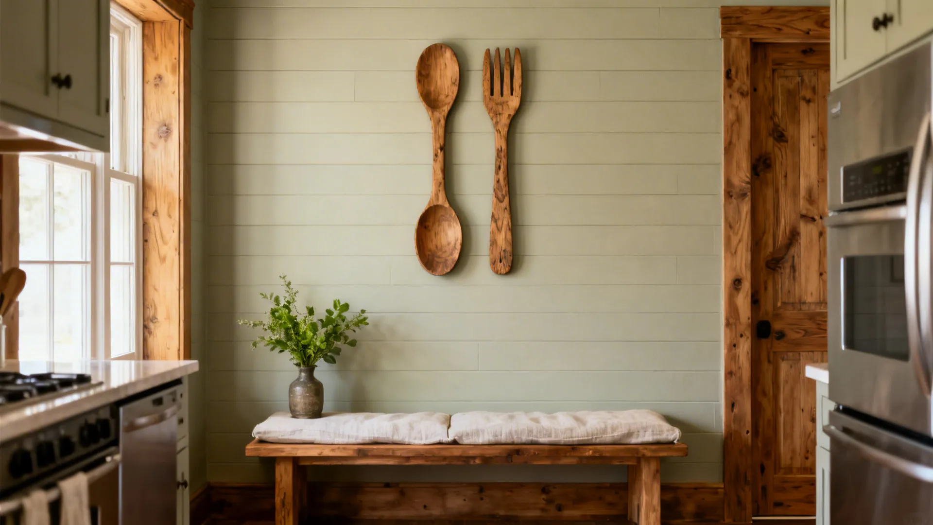 Reclaimed-oak spoon and fork wall decor warming a cozy farmhouse breakfast nook.