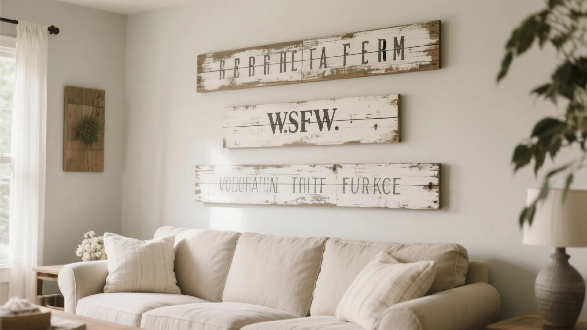 Distressed farmhouse wooden signs above a cozy neutral sofa