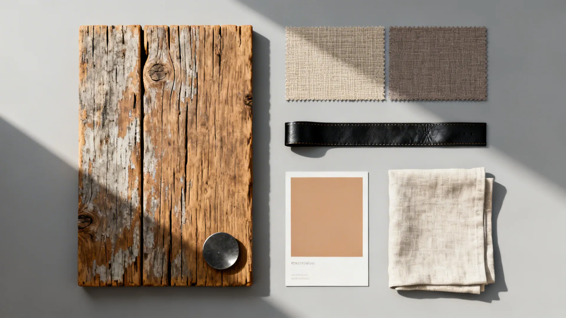 Material flat lay with reclaimed wood, performance fabric, vegan leather, and black metal accents.