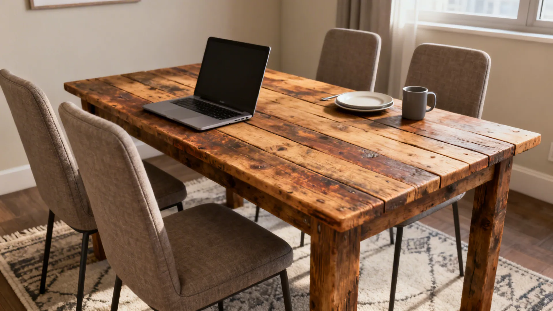 Reclaimed farm dining table with modern upholstered chairs in a compact condo dining-work area.