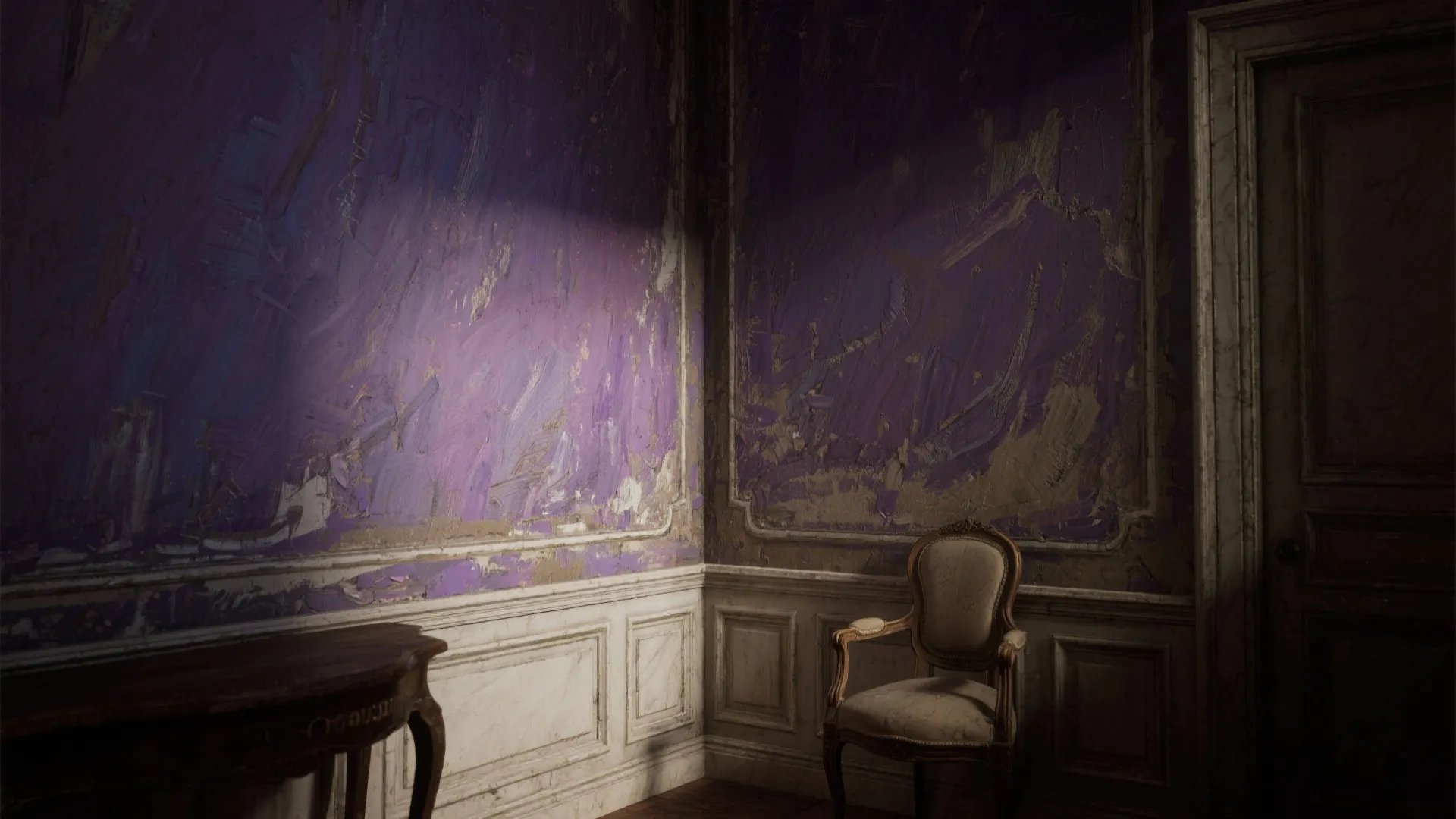 Textured purple paint on wall panel with classic chair and small dark wood side table