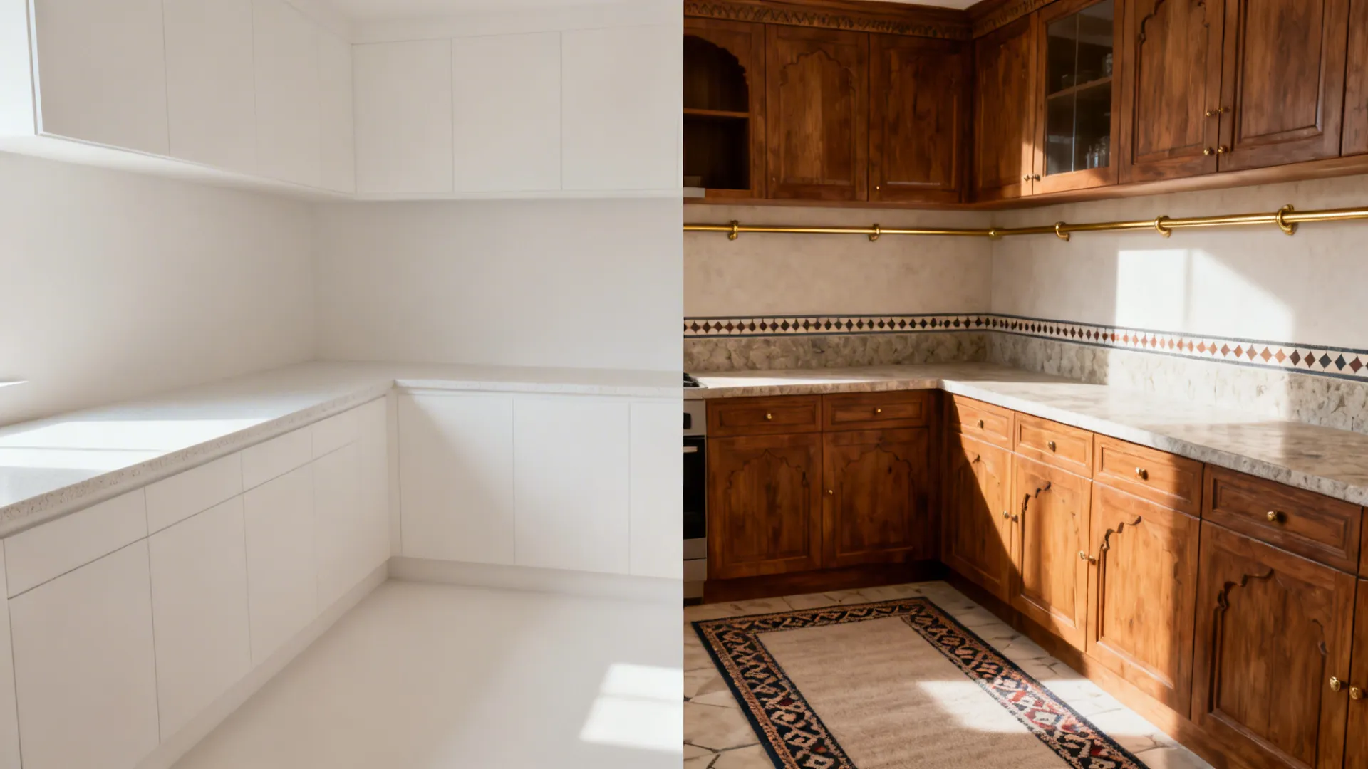 Before-and-after of a compact kitchen transformed with farshi-inspired wood, brass, pattern, and stone.