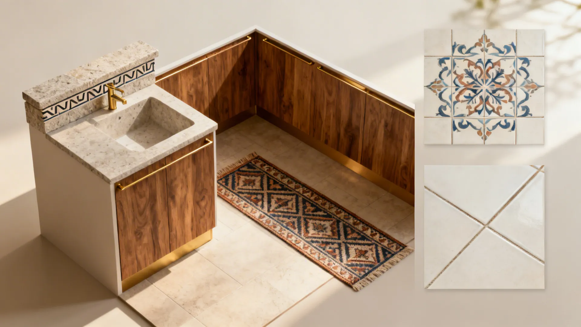 Top-down overview showing L-shaped plan, stone inlay, patterned tile, and runner swatch.