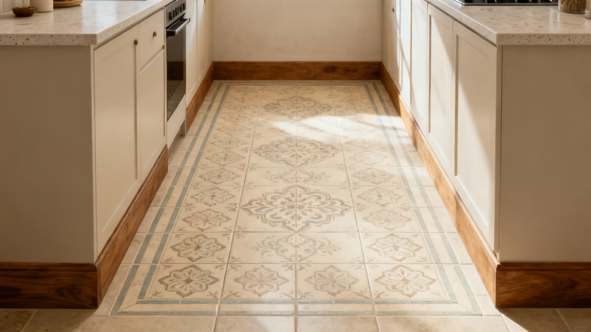 Neutral porcelain floor with subtle farshi motif and tight light grout in a compact kitchen.