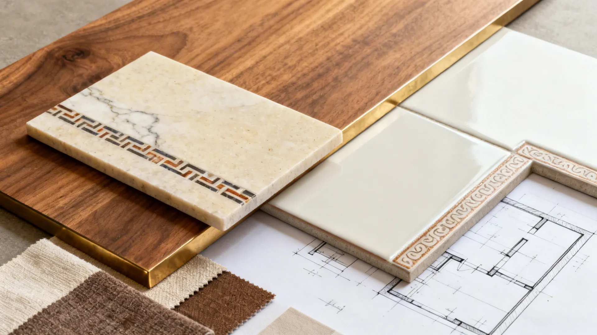 Flat lay of wood, brass, stone with inlay, quartz, tile, and textile swatches summarizing the palette.