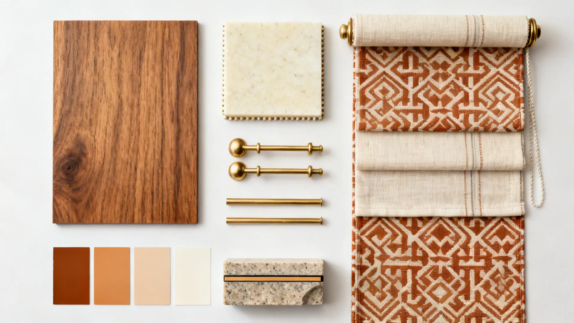 Flat lay of warm wood, brass, cream quartz, and patterned textiles for a farshi kitchen.