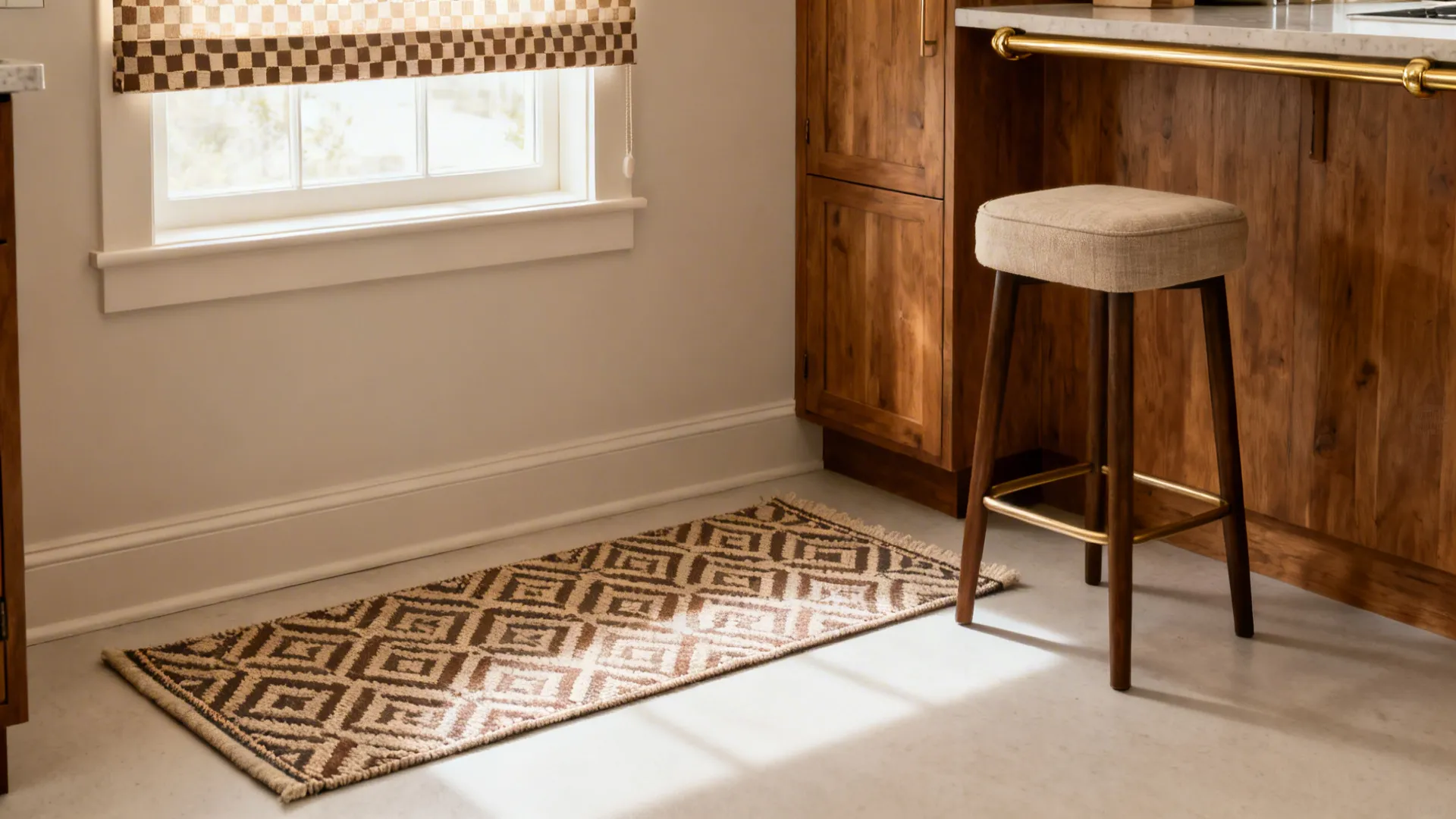 Compact kitchen vignette with a washable patterned runner, roman shade, and slim stool.