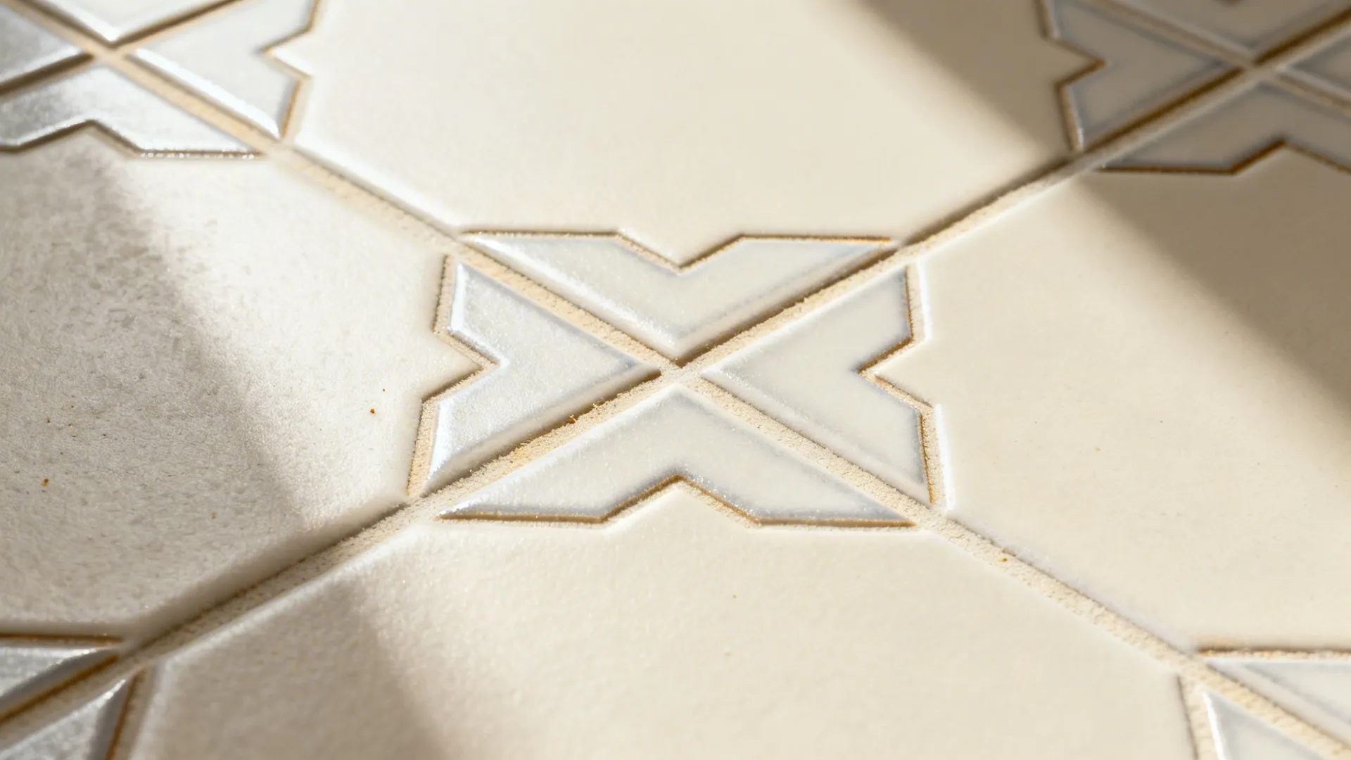 Macro detail of matte porcelain tile with farshi geometric motif and tight light grout.