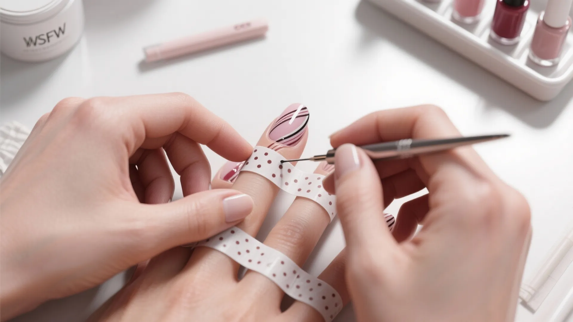 Close up of hands applying nail art stickers using a metal tool on pink fingernails