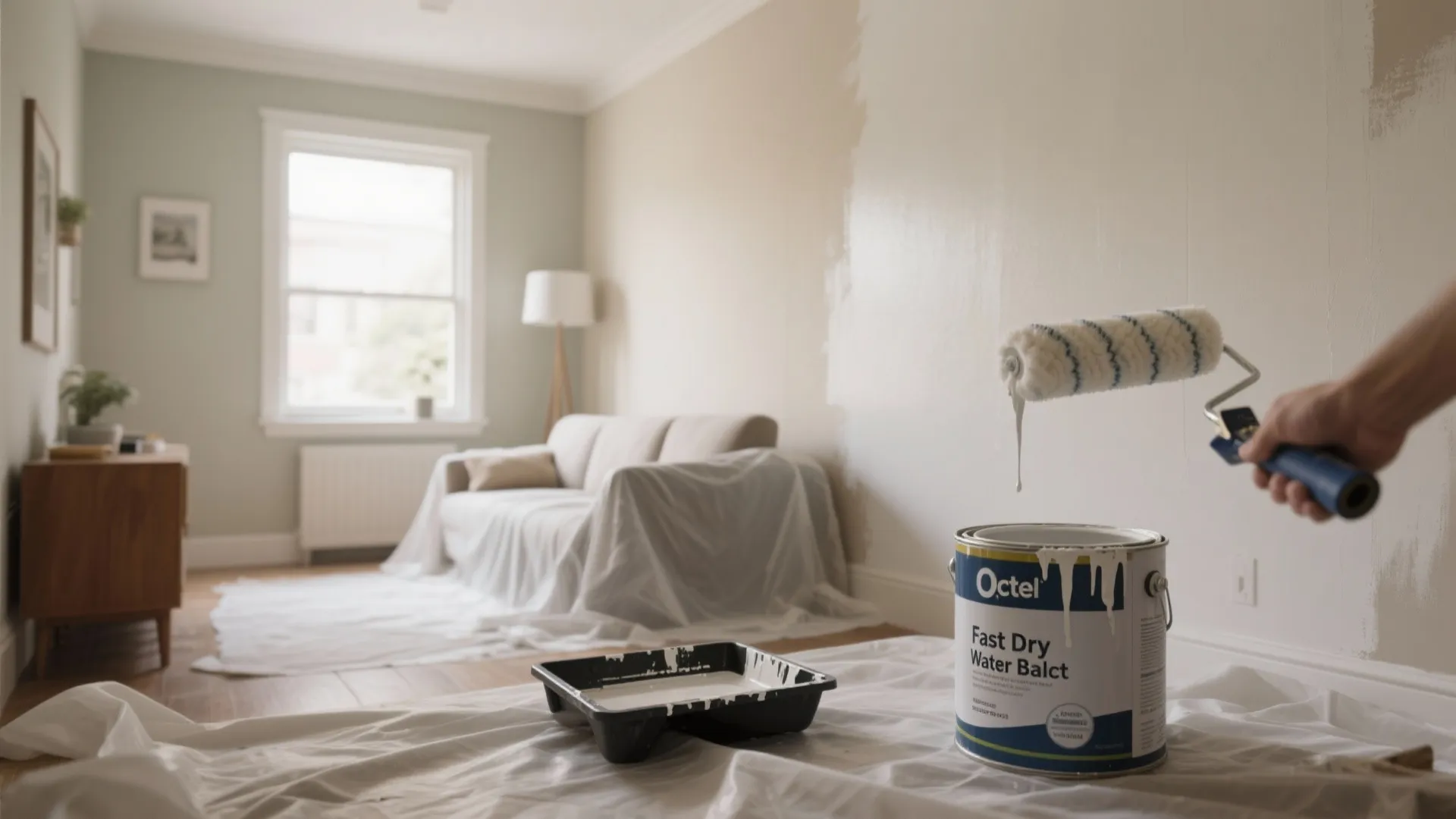 Wide view of a small living room mid-paint with fast-dry latex, showing roller, tape, and drop cloths.