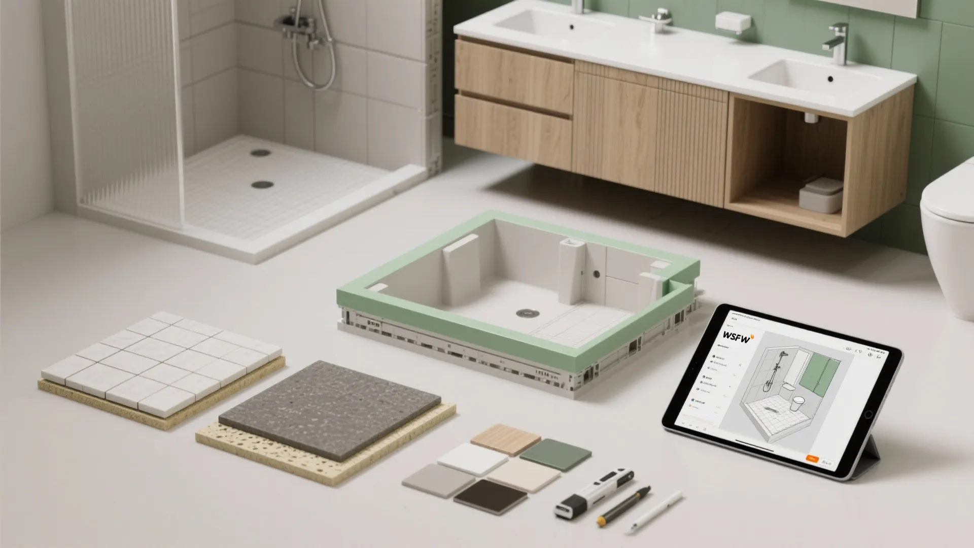 Modern bathroom interior design showing shower area wooden cabinet double sink material samples and tablet