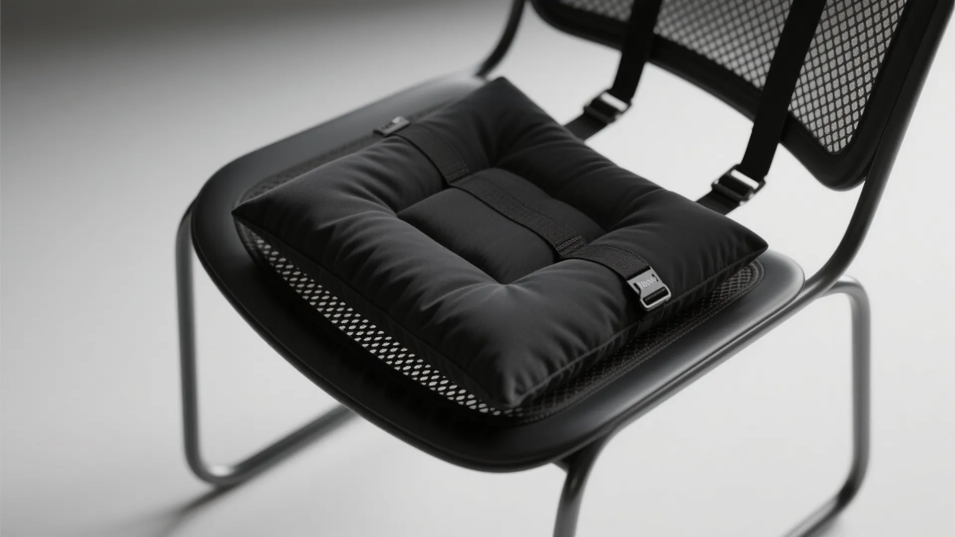Top-down view of an 18 x 16 cushion demonstrating hidden Velcro tabs, ties, and anti-slip backing on a chair.
