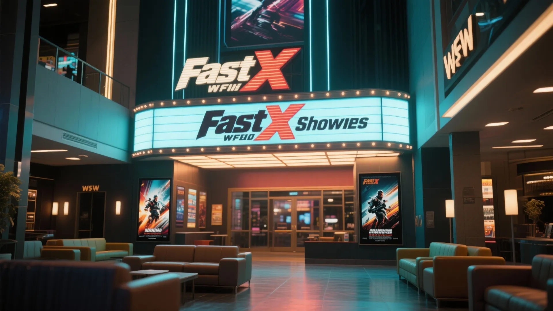 Modern cinema lobby with glowing movie sign posters leather sofas and soft warm light fixture