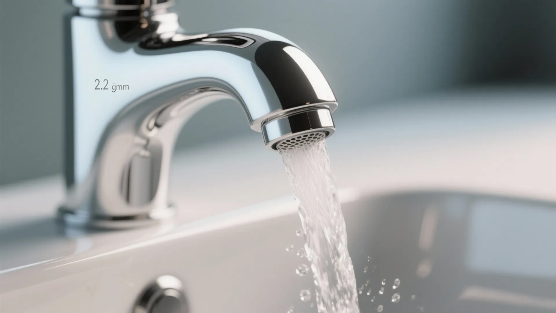 Close-up of a 2.2 gpm faucet spout and aerator demonstrating comfortable water flow
