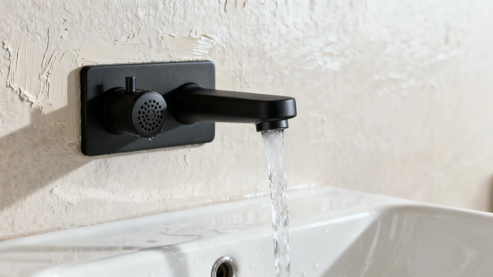 Macro view of a matte black faucet with aerator over a compact ceramic basin.