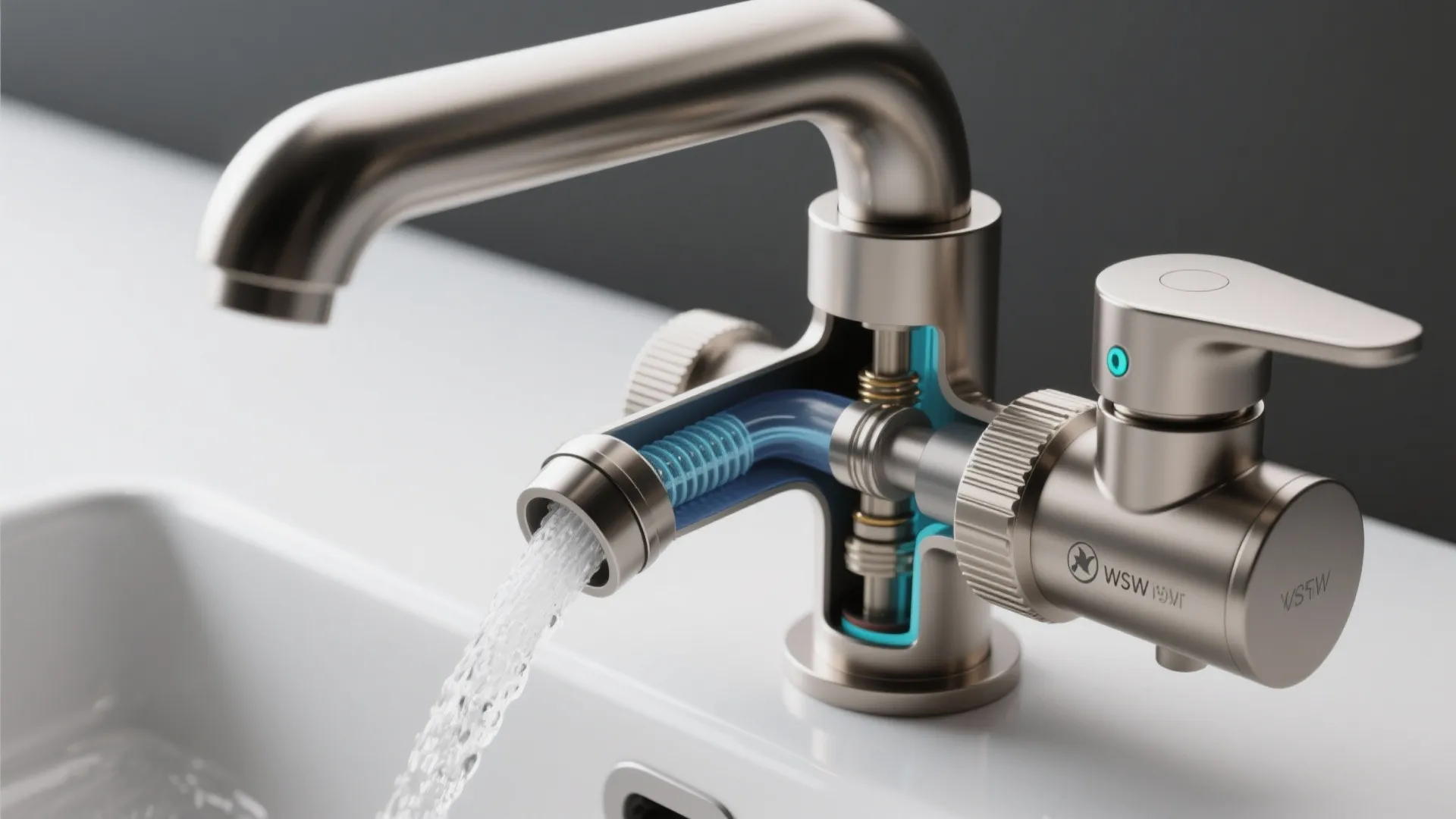 Detailed view of faucet hardware, low-flow aerators and shared drain concept for multi-station bathrooms.