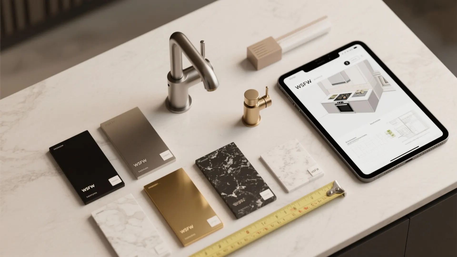 Flatlay of finish swatches, countertop samples and a tablet showing a 3D planner for faucet selection.