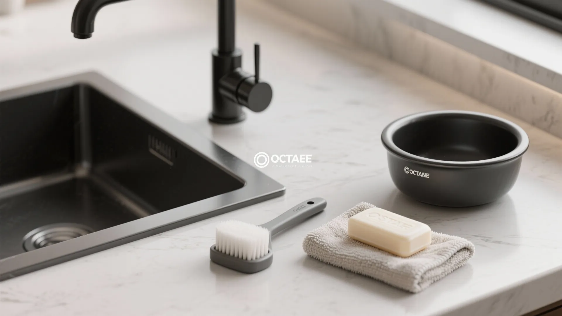Microfiber cloth and soap beside a matte black faucet, illustrating care tips and scale for small sinks.
