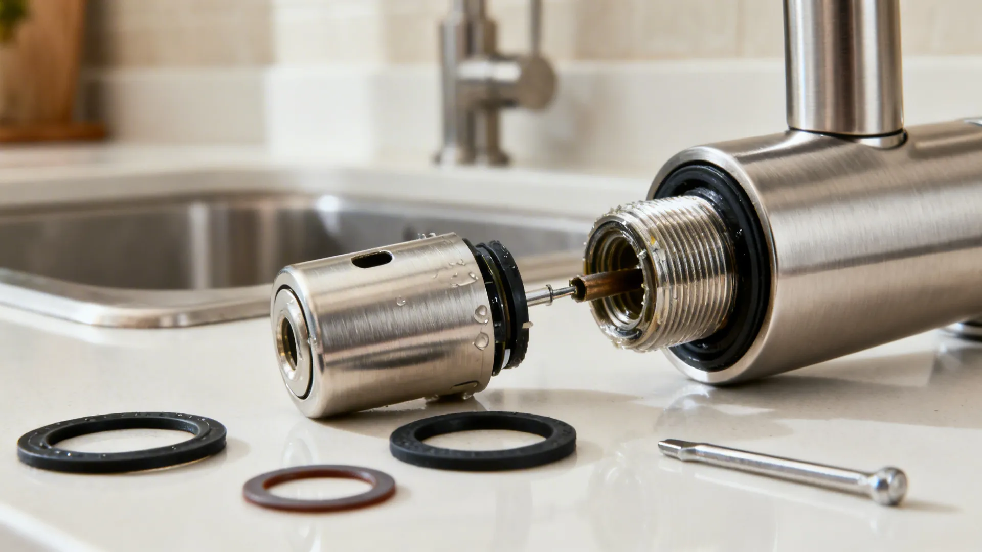 Macro of a kitchen faucet handle open to show a replacement cartridge with O-rings.