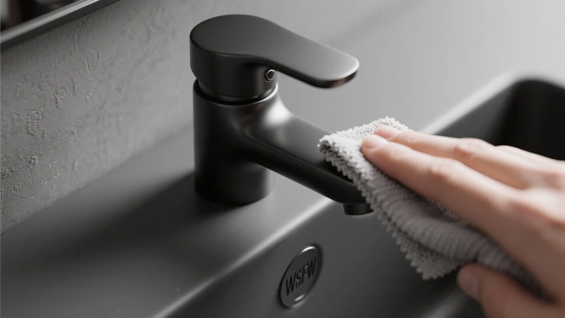 Close up of person hand cleaning a black kitchen water tap with a grey cloth