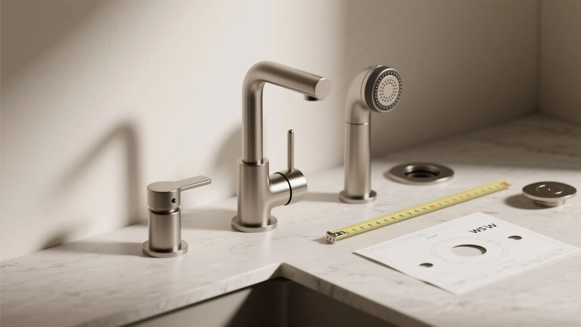 Neatly arranged three-piece faucet components with a template for hole spacing on a countertop.