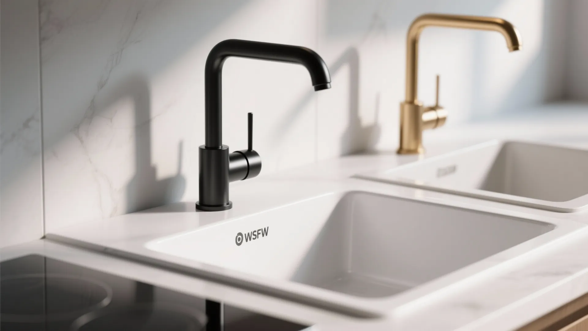 Close-up of matte black faucet beside a white drop-in sink highlighting finish contrast.