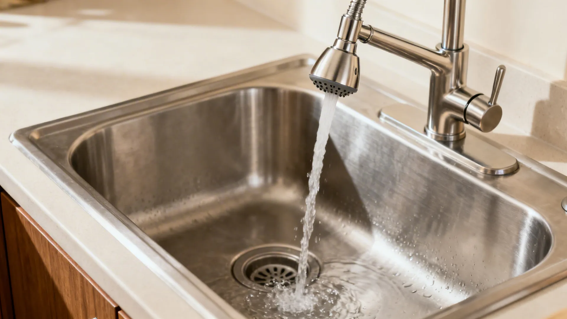 Close-up of a pull-down faucet over a 9–10 inch deep stainless sink with an offset drain.