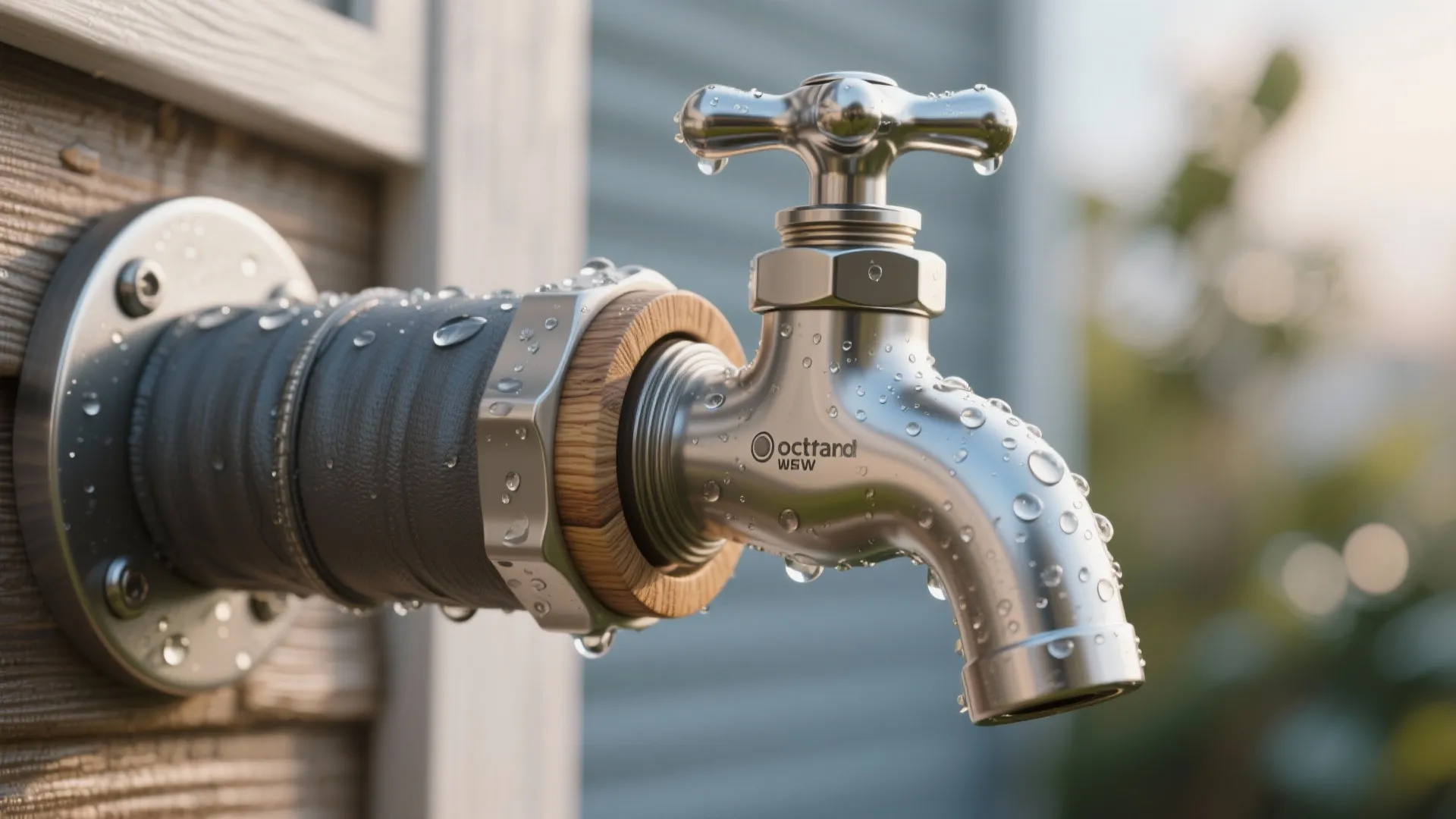 Close up of silver metal water tap with water droplets on wooden wall in bright sunlight
