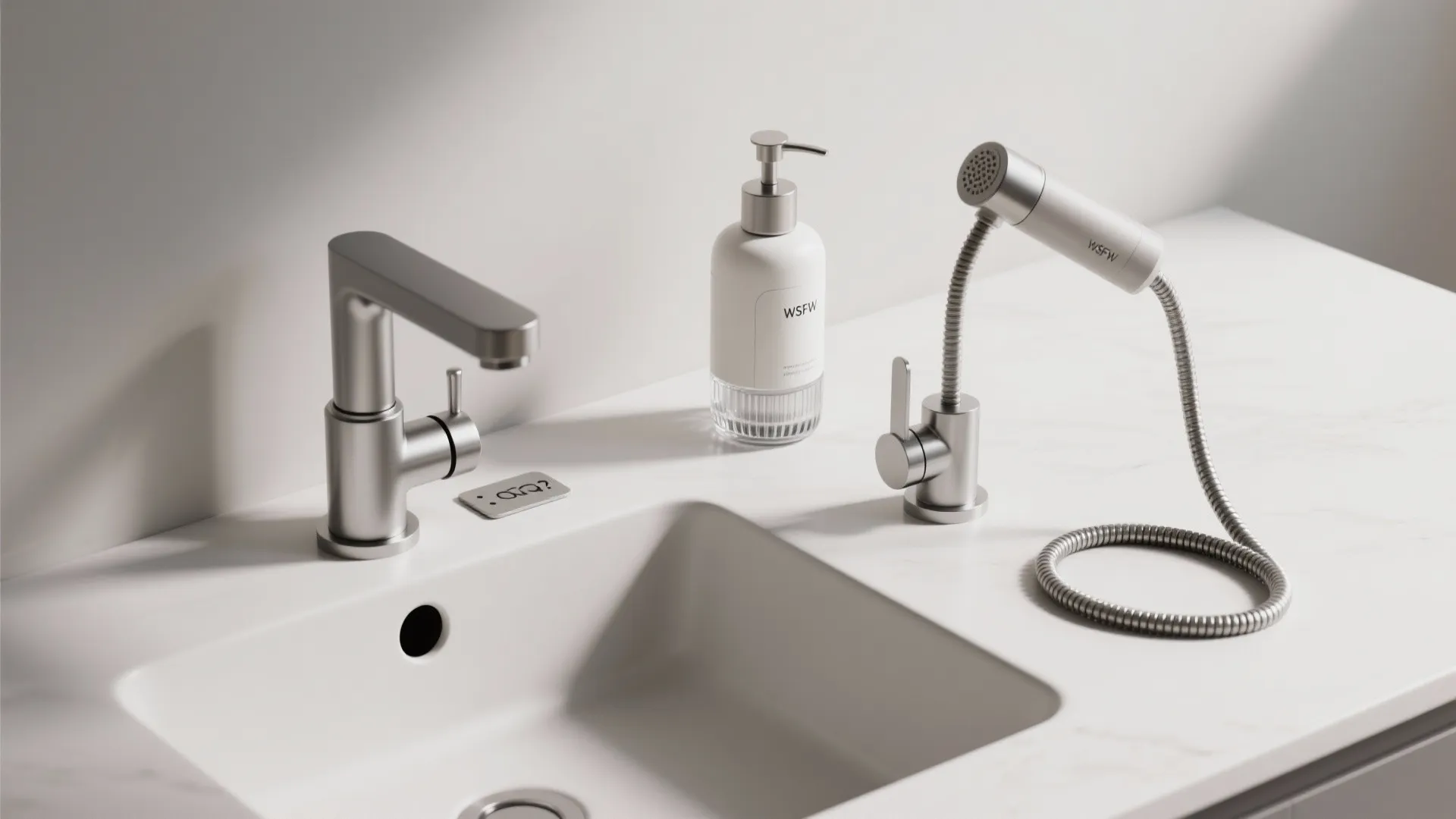 Silver bathroom tap and handheld spray head on white marble countertop with white soap bottle