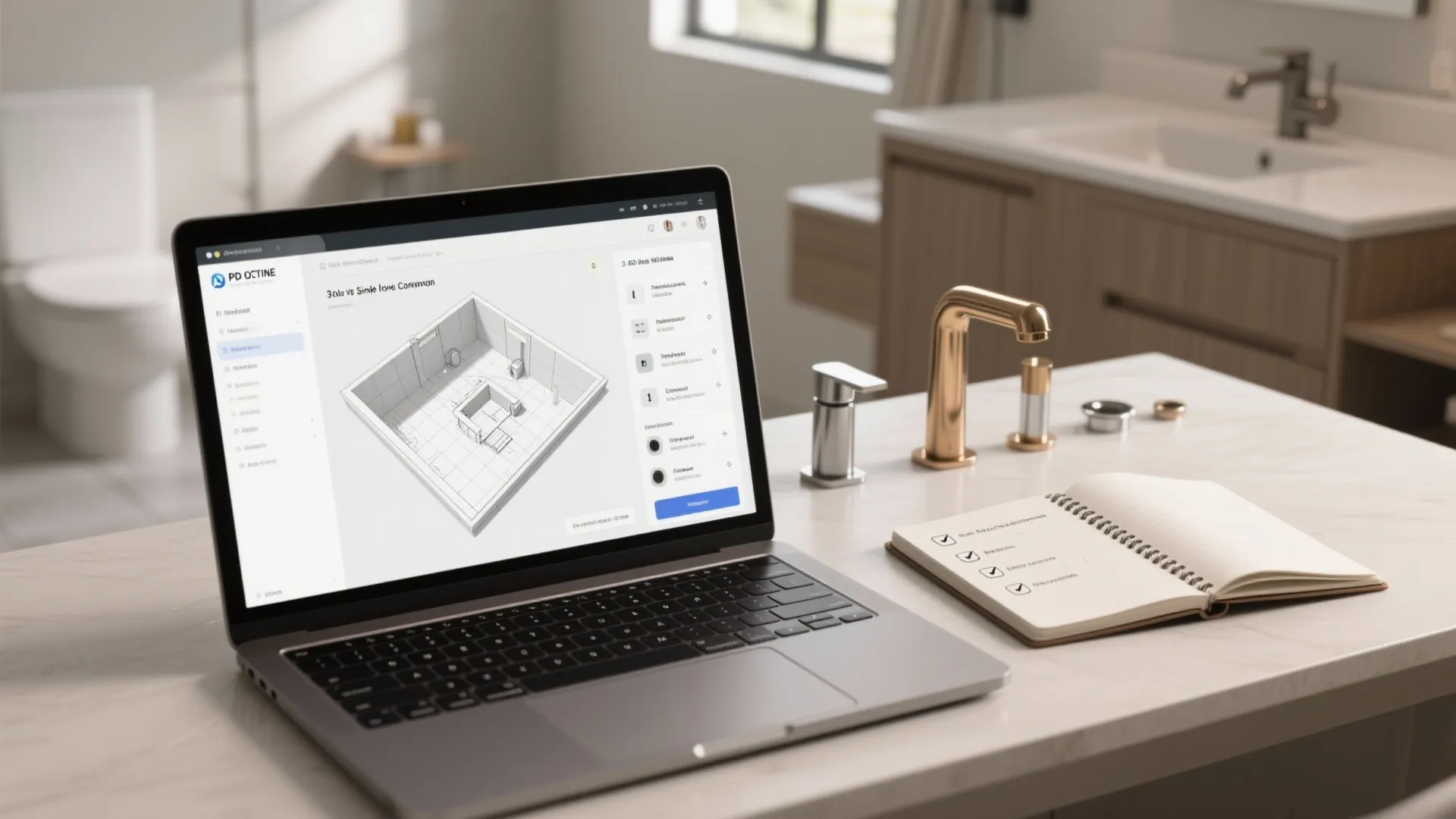 Laptop computer showing interior design drawing for bathroom layout beside brass faucet and note book
