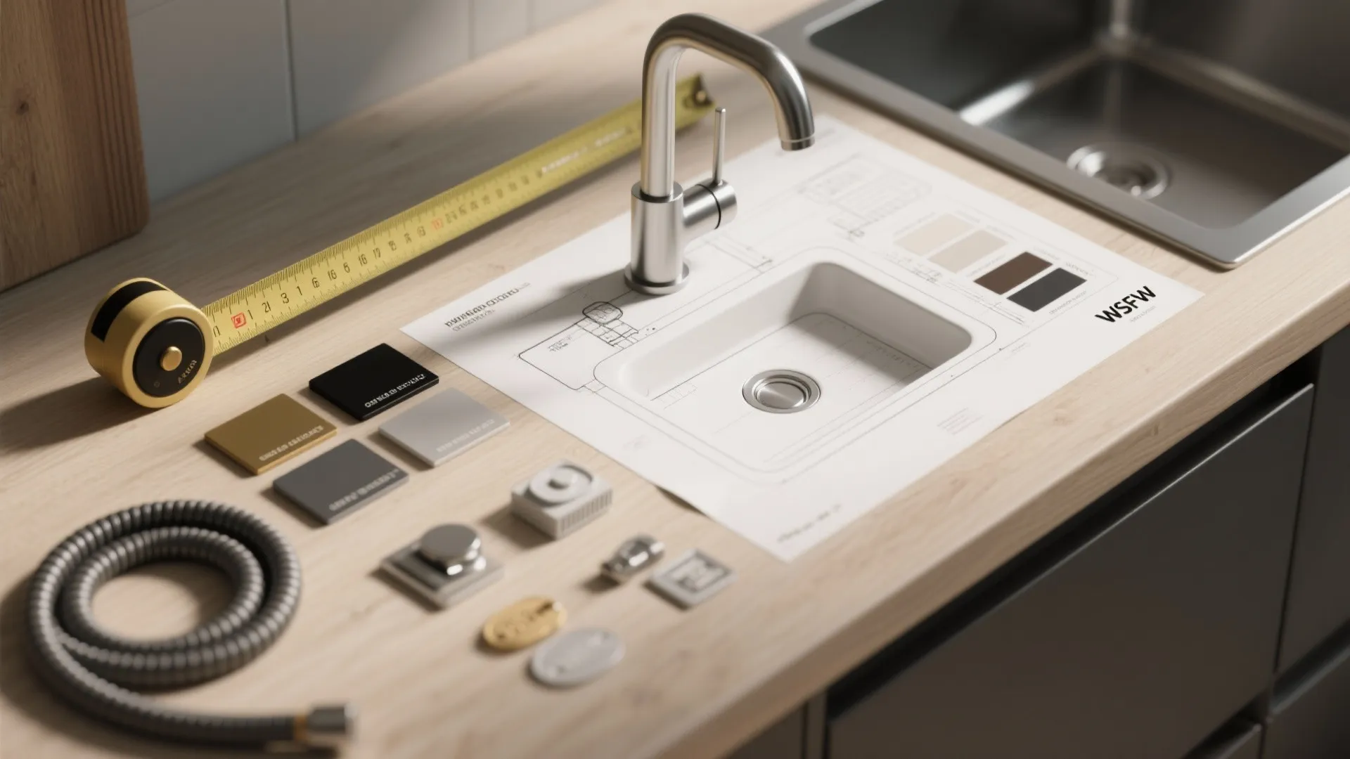 Tools for kitchen sink installation including tape measure and faucet samples on a wood countertop