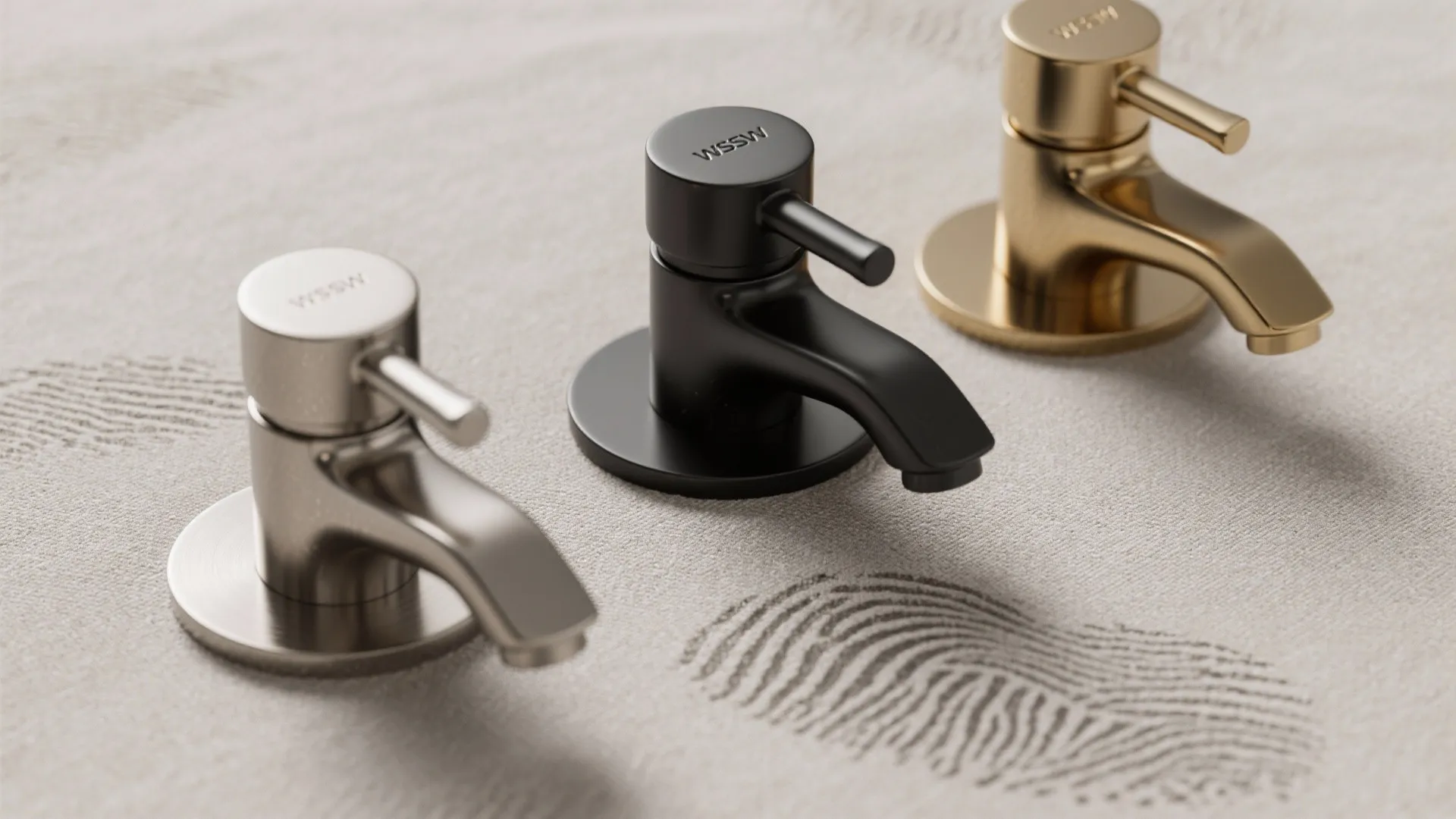 Three modern bathroom sink faucets displayed in different finishes including silver black and gold colors