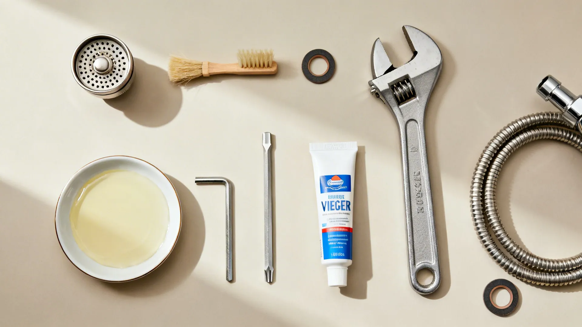Top-down view of aerator, tools, and supplies for a faucet tune-up on a neutral surface.