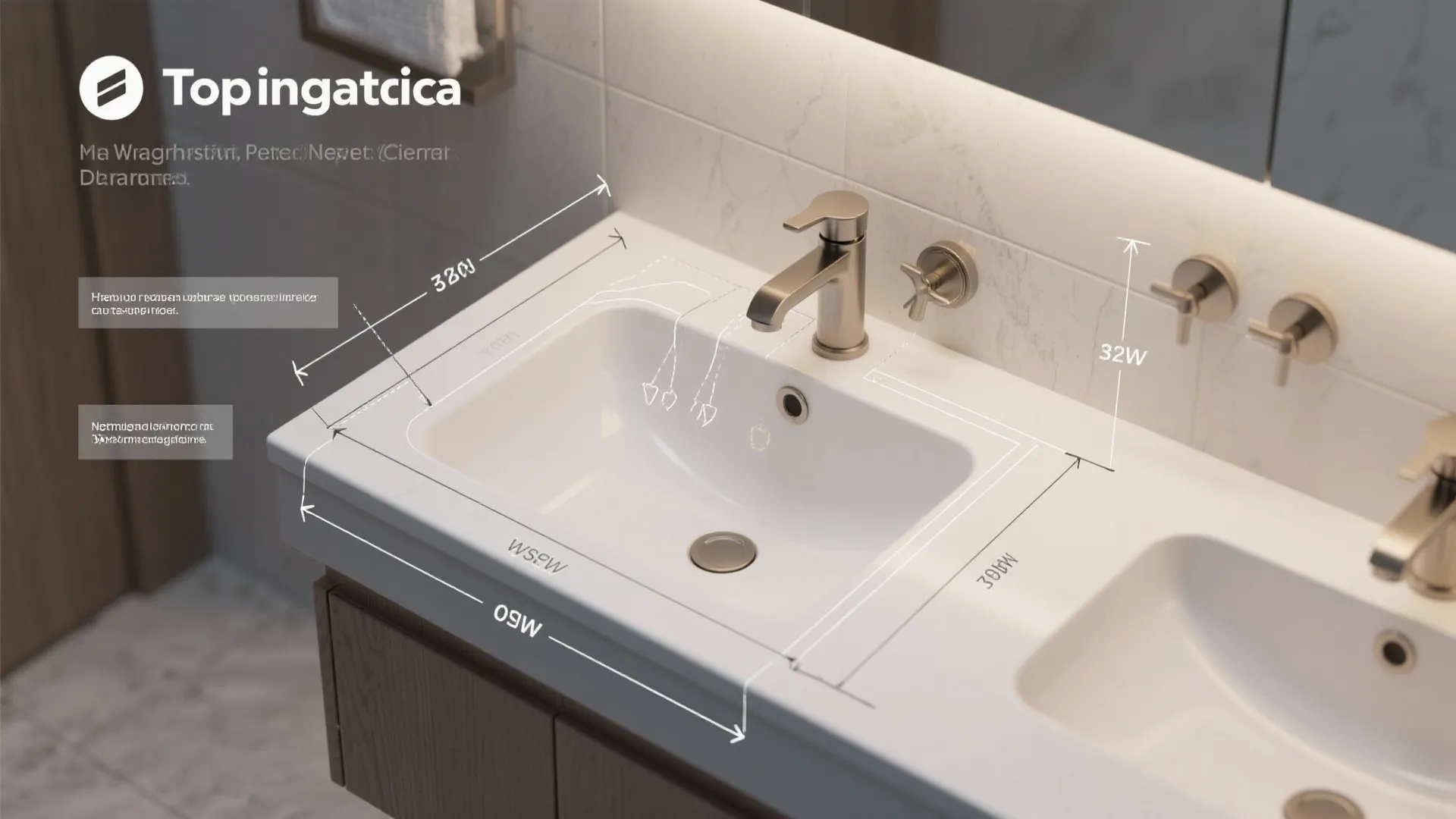 Bathroom sink installation guide showing dimensions for the water tap and white basin for layout planning