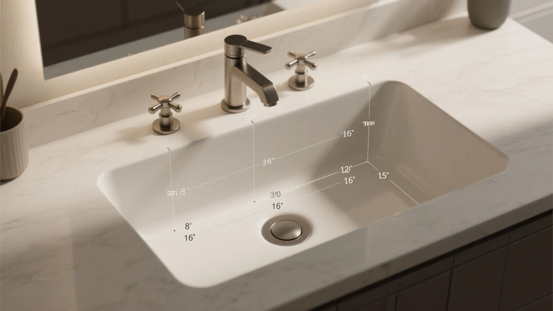 White bathroom sink with silver water tap showing digital measurement lines and dimensions for room layout