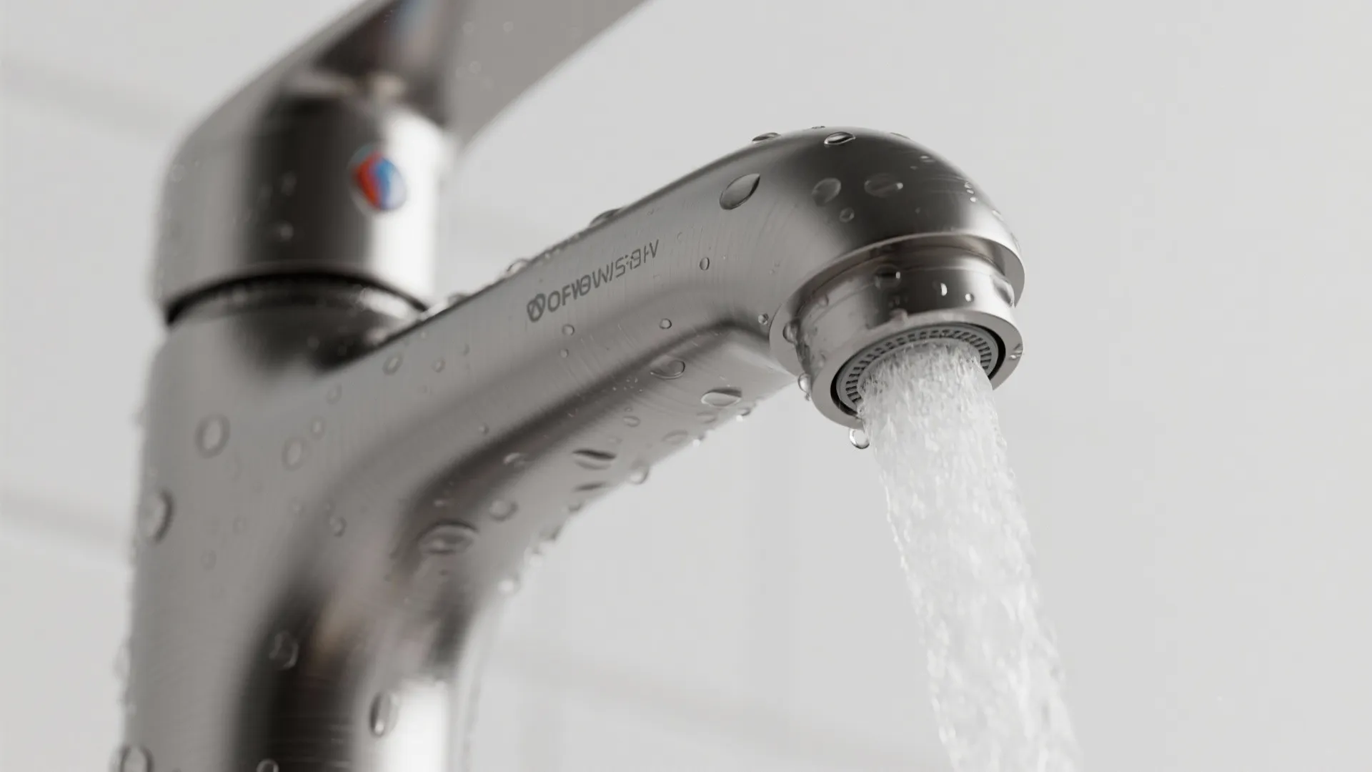 Close up of a silver metal tap with water running and droplets on the surface