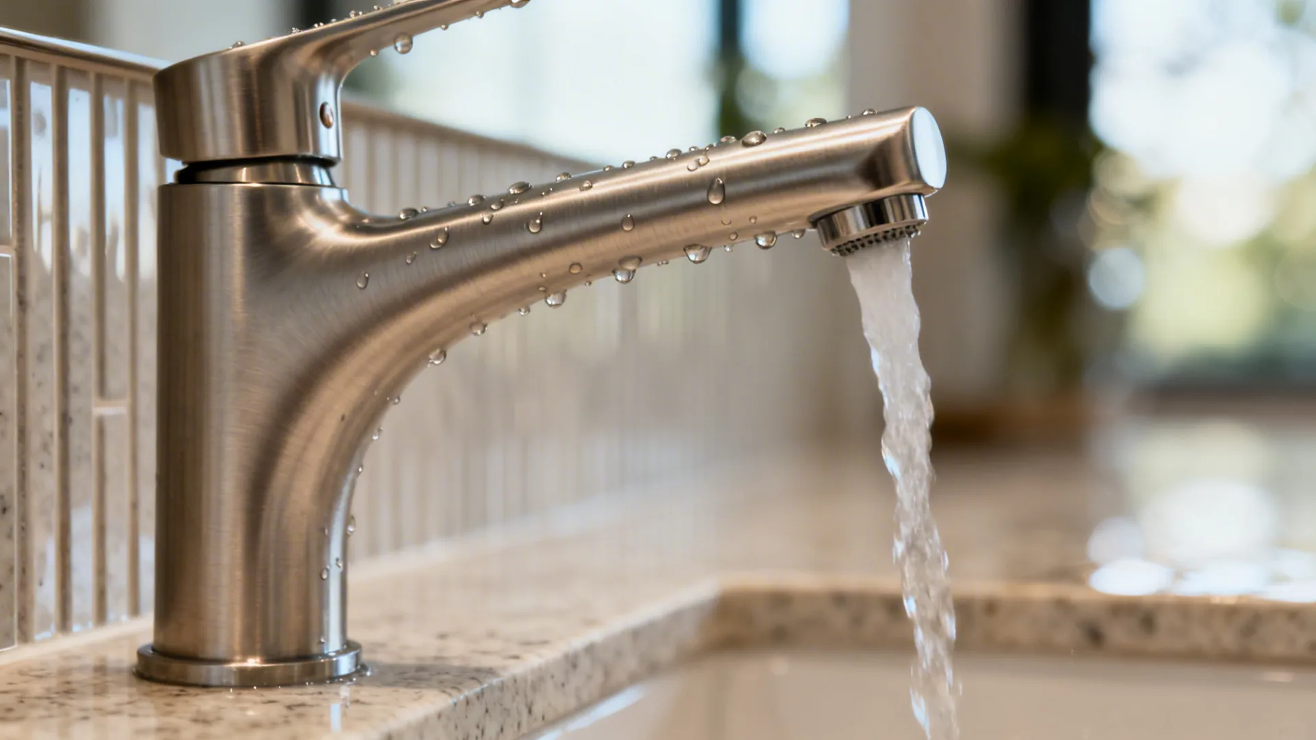 Close-up of a brushed metal faucet with satin finish and soft daylight highlights.