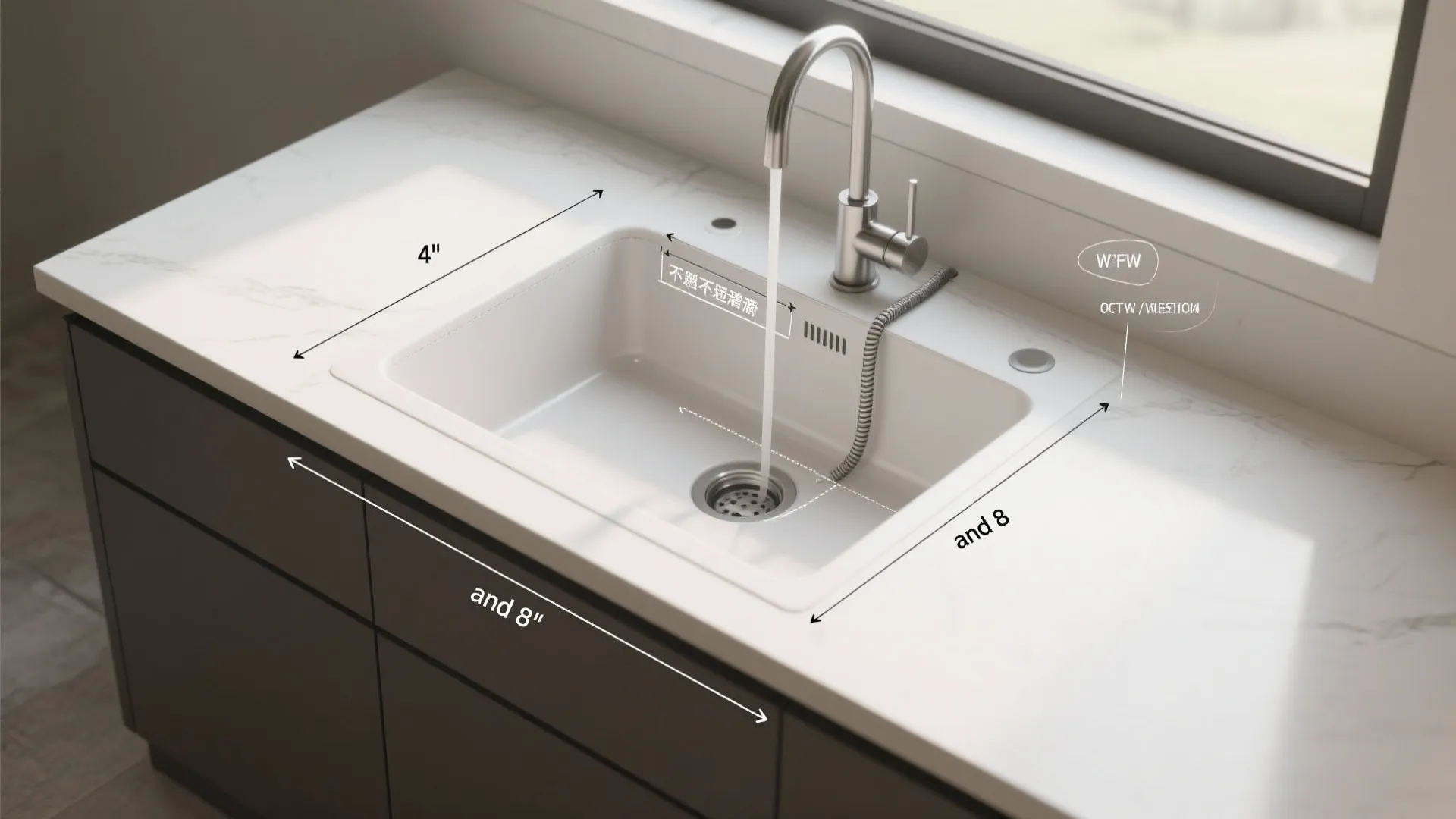White kitchen sink showing measurements for distance from faucet to wall and kitchen counter edge