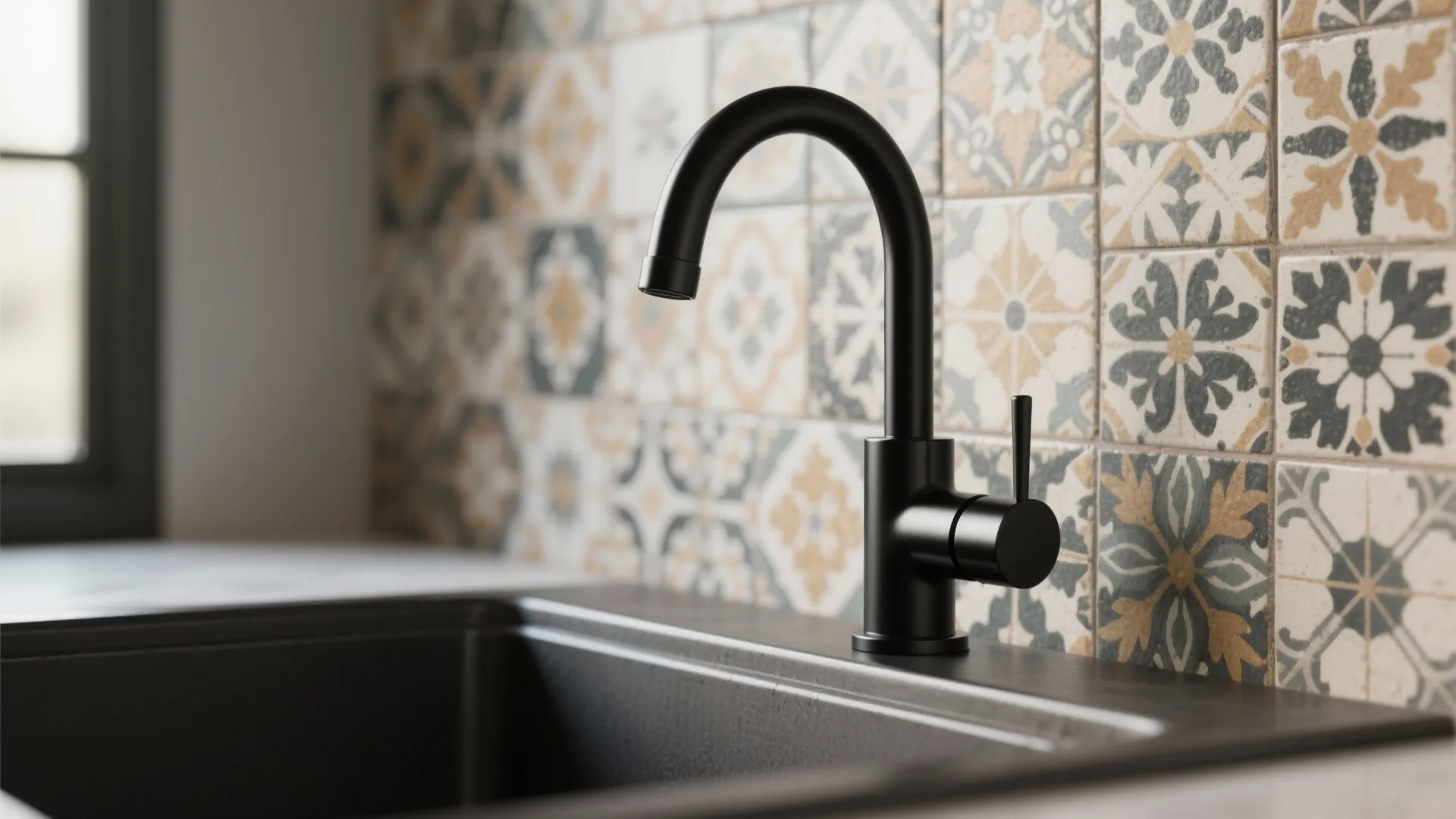 Black kitchen faucet on dark sink with decorative patterned wall tiles in a bright kitchen
