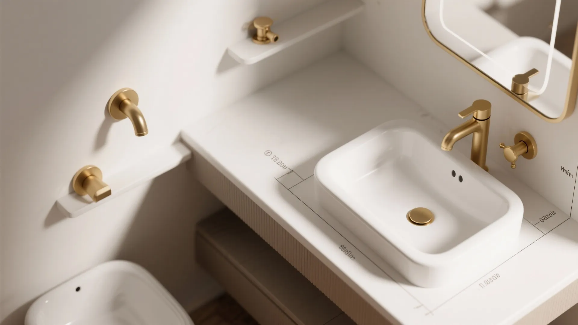 Layout mock-up showing faucet placement options and proportions for a tiny vanity