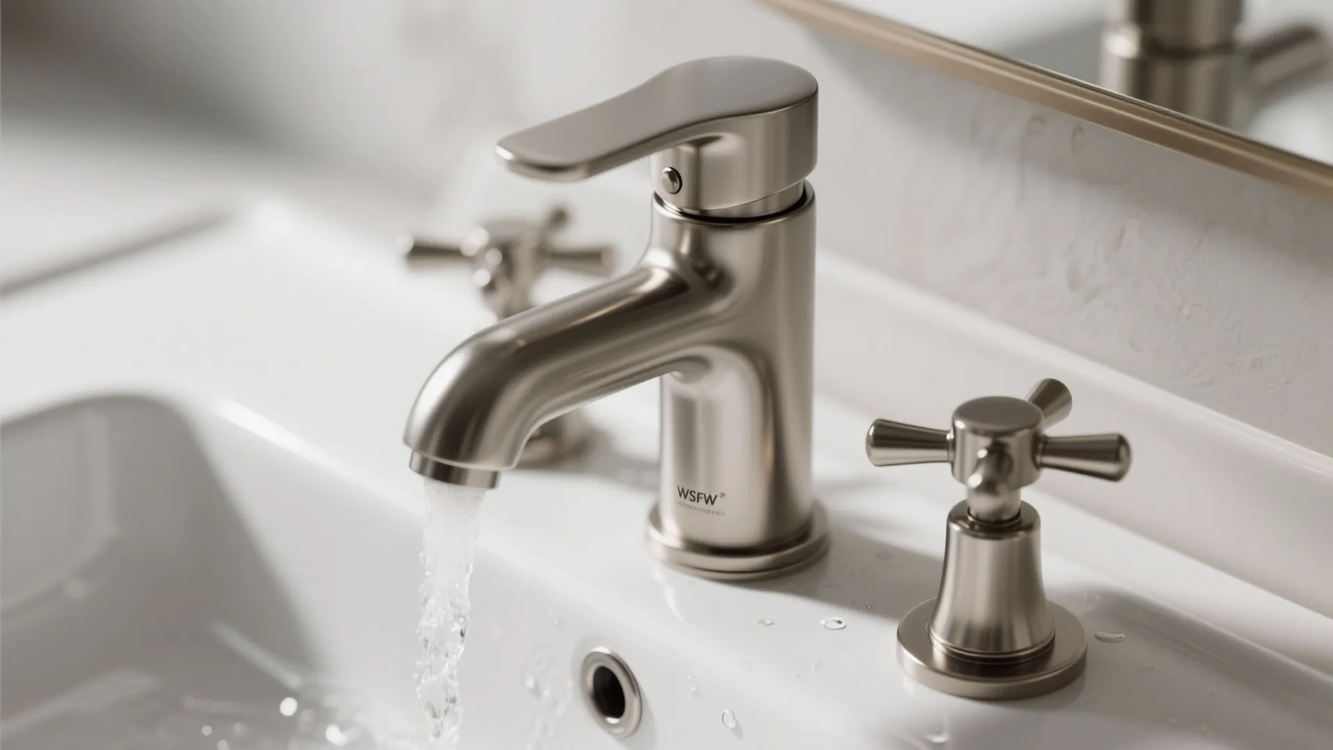 Close up of a silver water tap with flowing water into a clean white sink