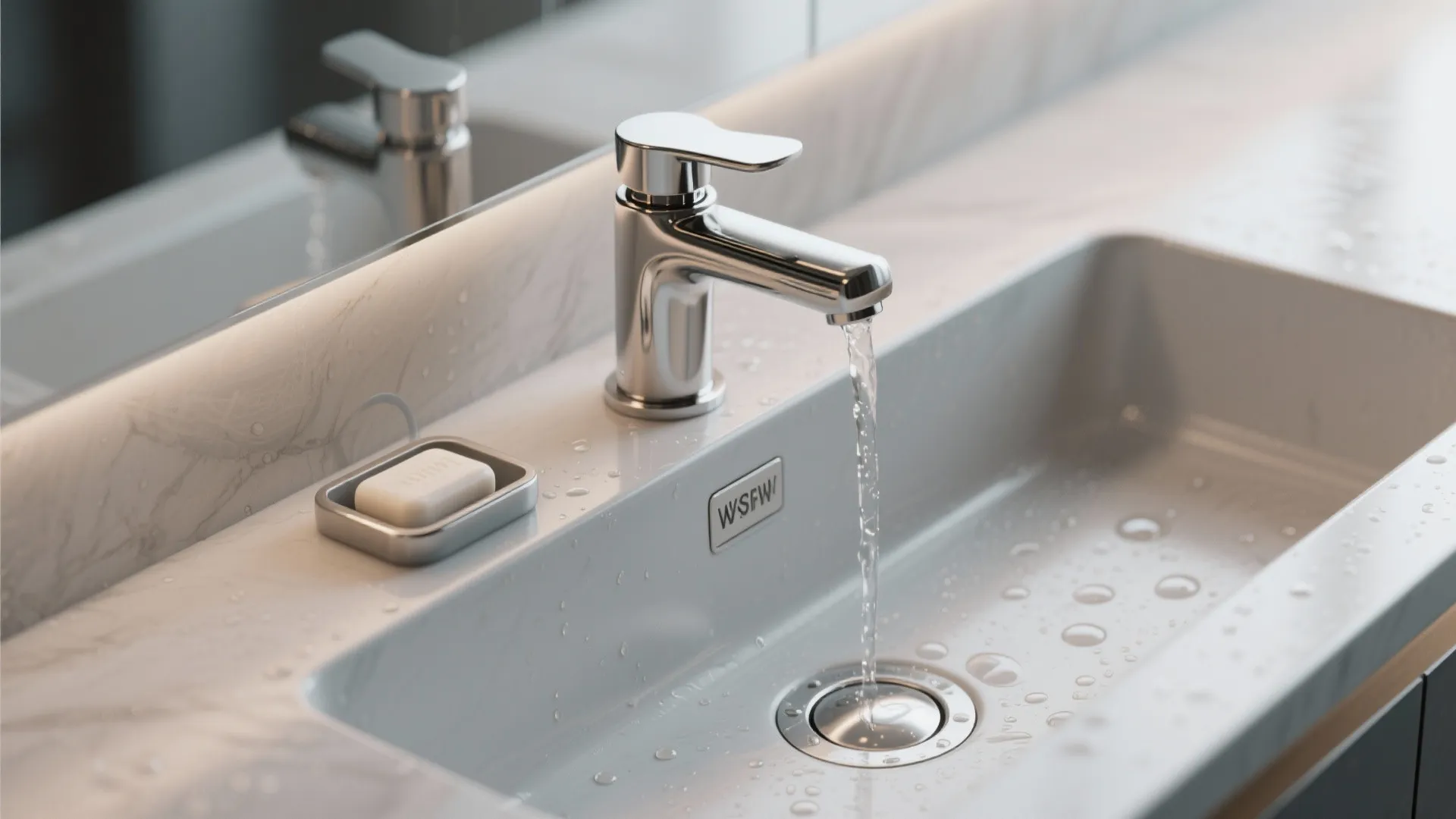 Modern chrome faucet running water into a white stone bathroom sink with a bar soap