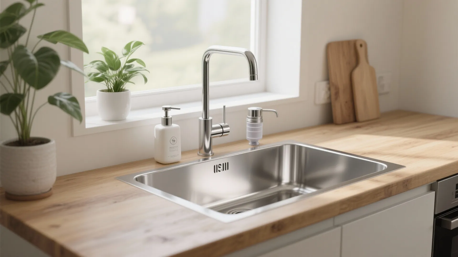 Modern stainless steel kitchen sink with silver faucet soap dispenser and a green potted plant