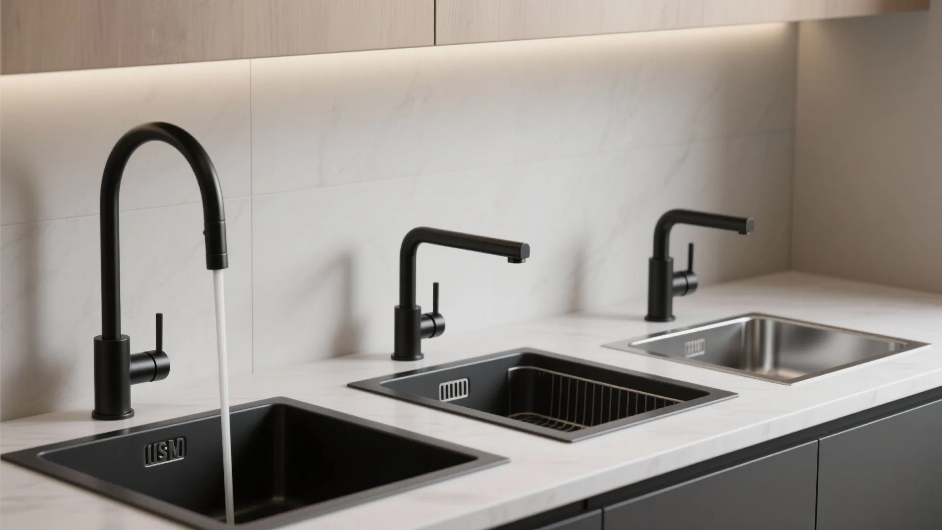 Three different black kitchen faucet styles shown on a white countertop with integrated black sinks