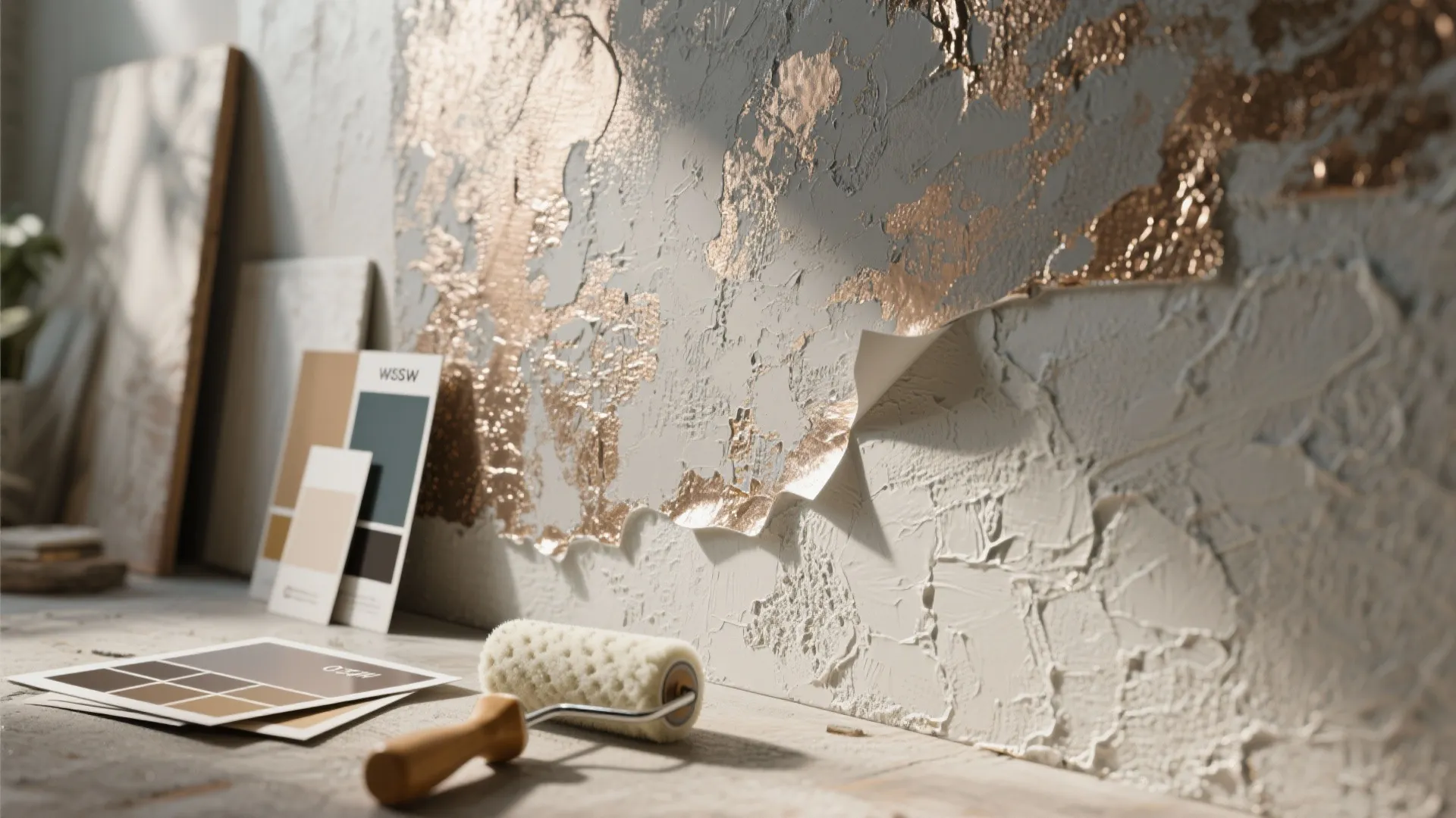 Textured wall with gold patterns paint roller and color cards on a light wooden table