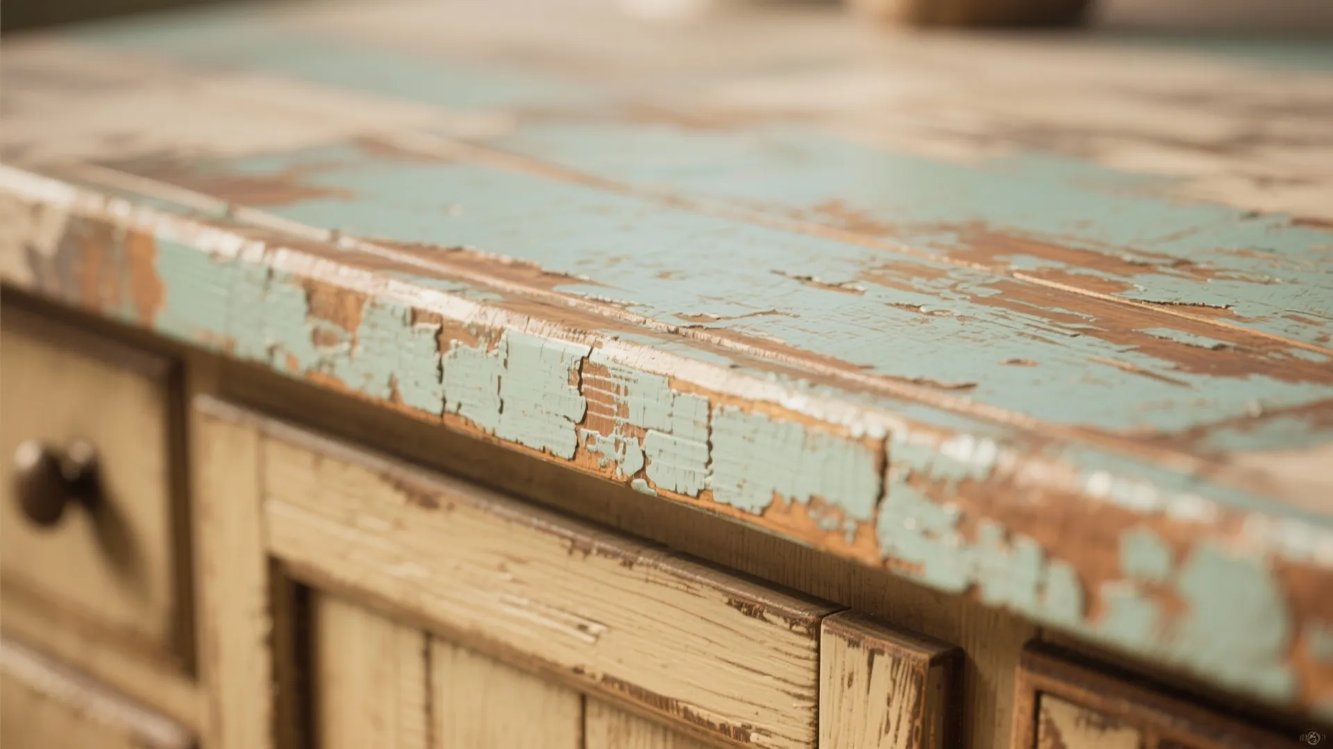 Close up of a wooden cabinet with blue peeling paint showing a rustic farmhouse style