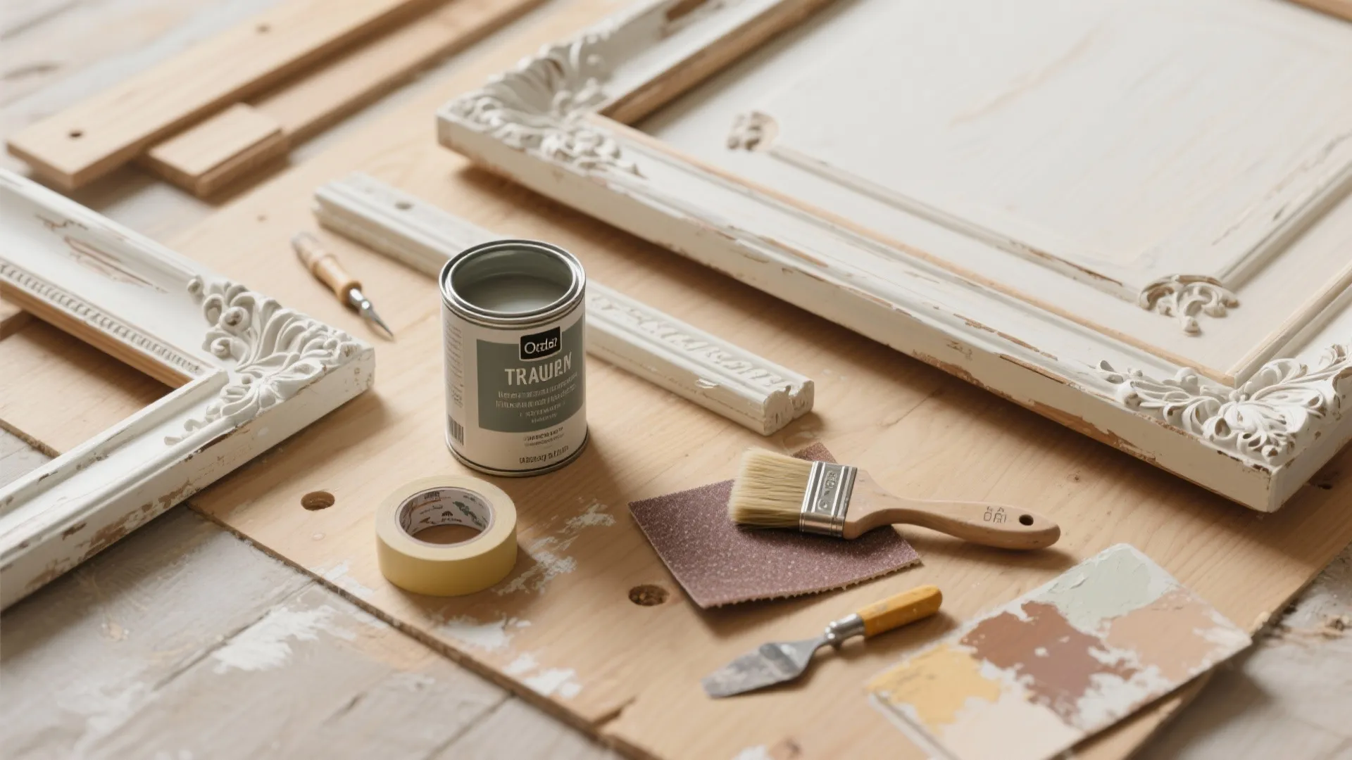 Vintage white mirror frame restoration materials including paint can sandpaper brush and small hand tools table